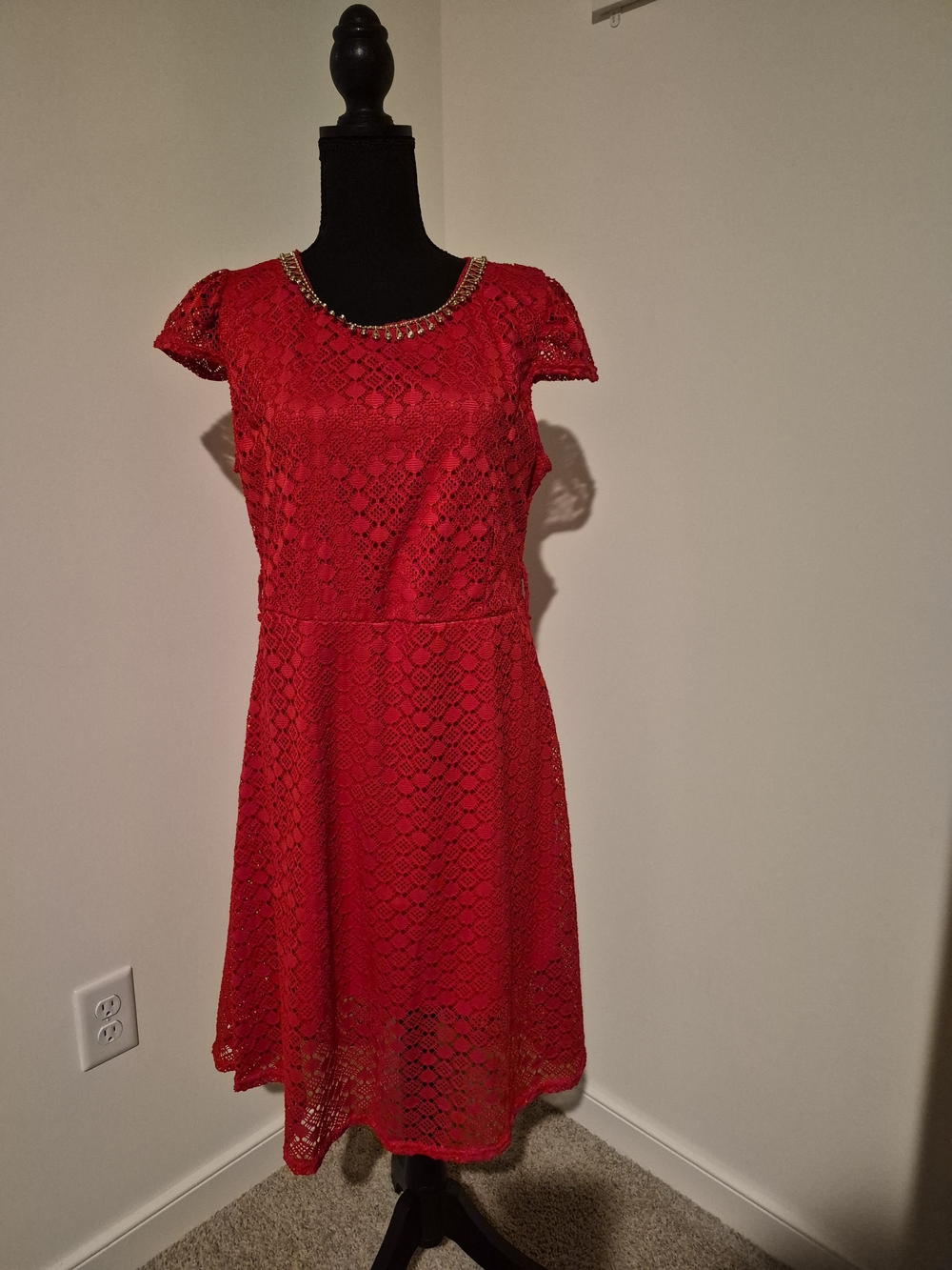 Red Lace Fit-and-Flare Dress with Beaded Neckline
